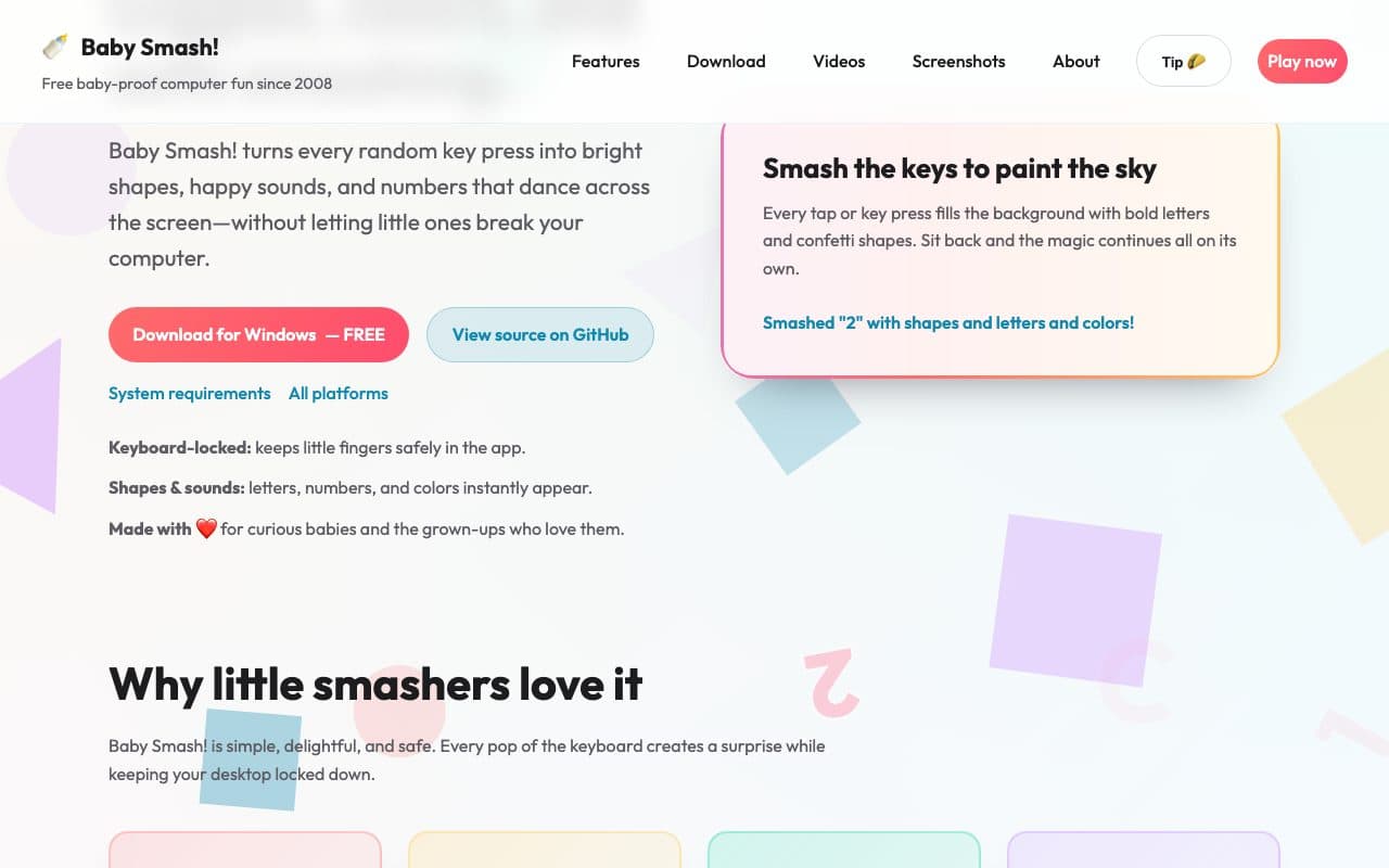 Baby Smash! website with the download button and the browser mini-game