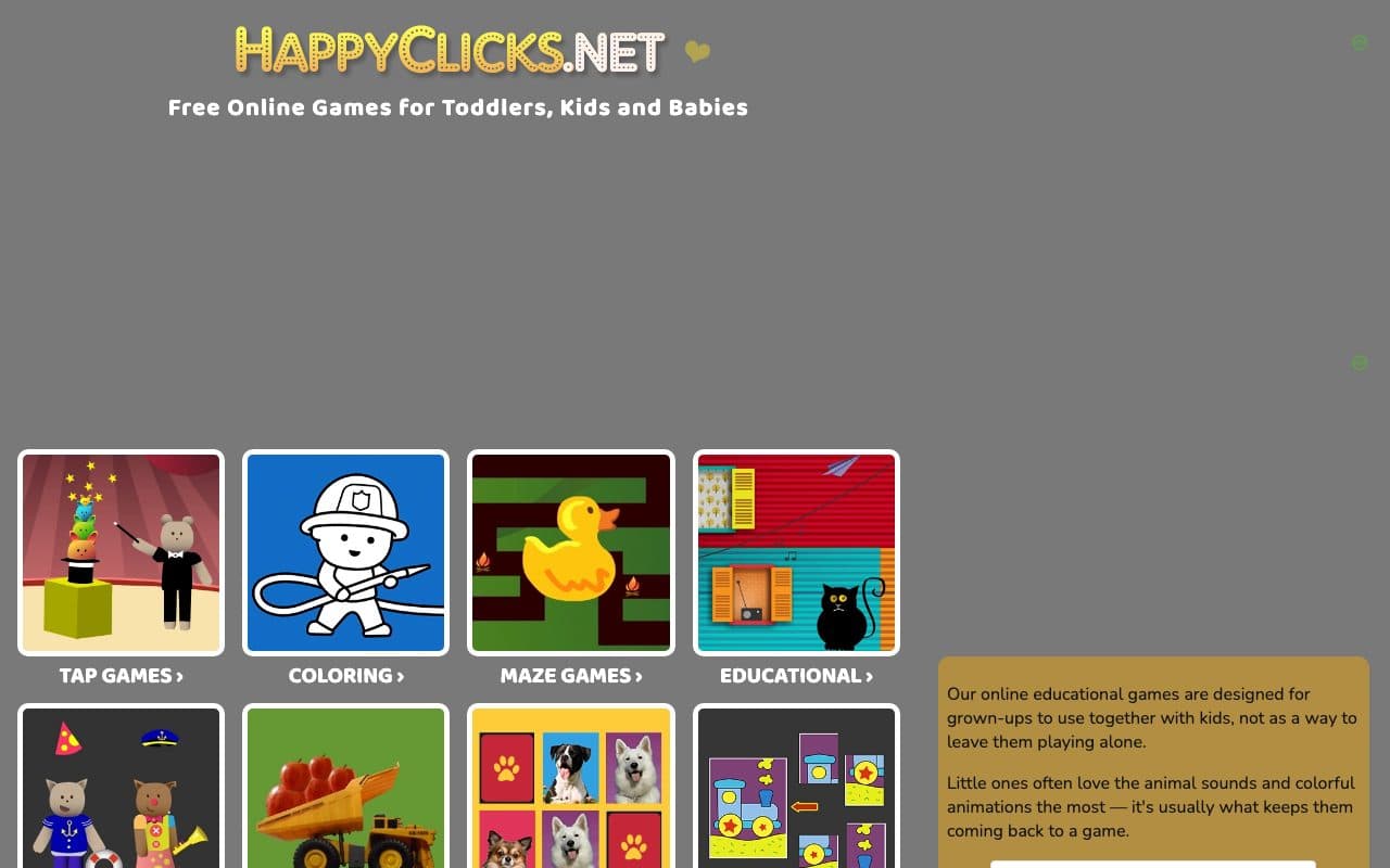 HappyClicks home page with game category tiles and blank ad spaces