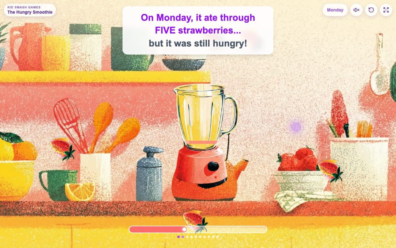 A cartoon blender in a sunny kitchen with strawberries flying towards it, the Monday page of the story above and a progress bar below