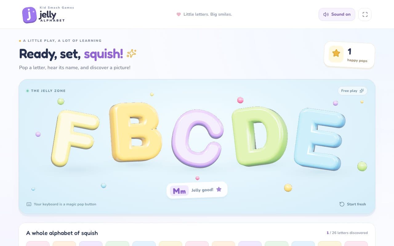 Five fat 3D jelly letters — F, B, C, D and E — floating in a pale blue pool, with a card below saying M and "Jelly good!"