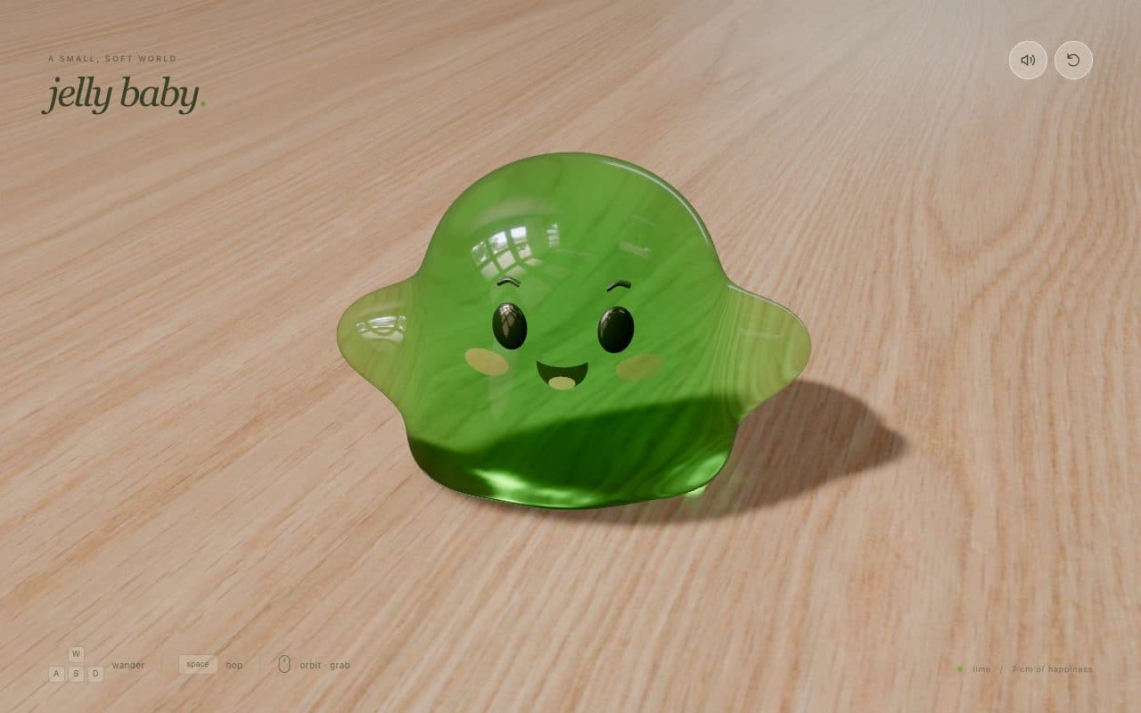 A see-through green jelly with a face sitting on a wooden table in Jelly Baby