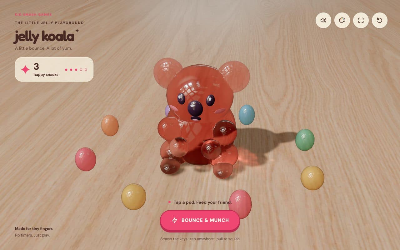 A see-through pink jelly koala on a wooden table, surrounded by colourful jelly pods, with a snack counter and a Bounce & Munch button