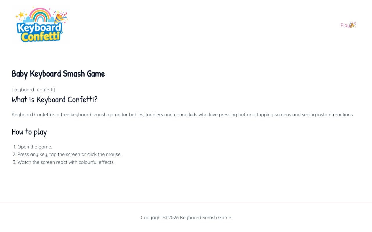 Keyboard Confetti page showing a placeholder instead of the game