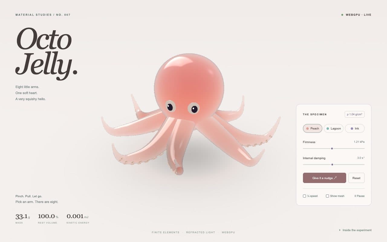 A see-through peach jelly octopus with round eyes and sucker-lined arms bouncing above a table, with the colour, firmness and nudge controls beside it