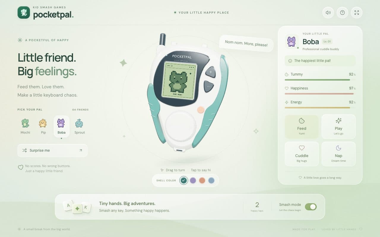 A 3D handheld pet toy with a pixel pal on its screen, care buttons and stat bars beside it, and sparkles bursting from a key press