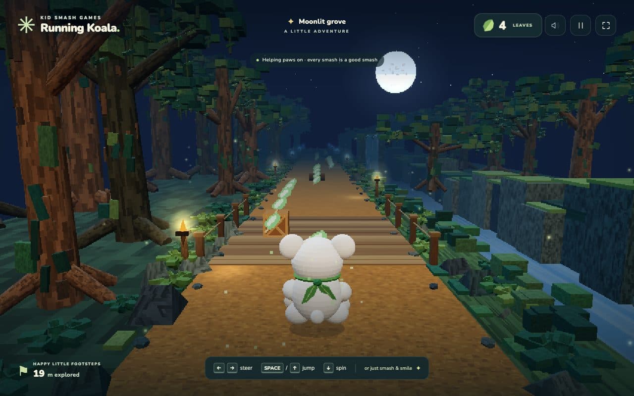 A small koala running down a moonlit forest trail toward glowing leaves and wooden crates