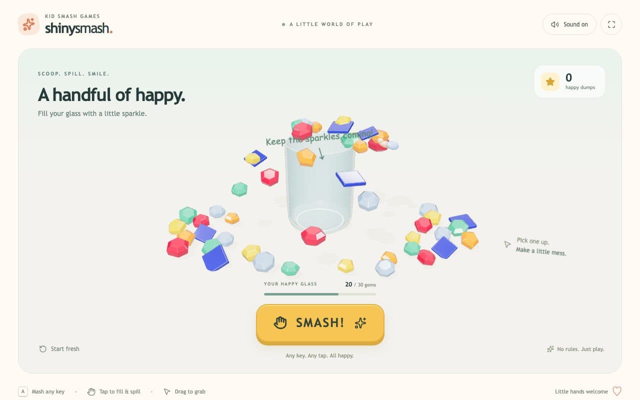 A glass tumbler filling with colourful gems on a tiled floor, a little hand scooping more in, and a big yellow SMASH! button below