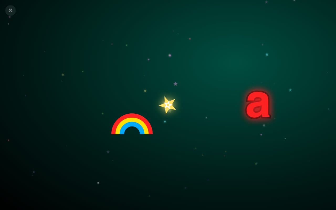 Smashy Kids play screen: a glowing letter a, a rainbow and a star on a dark, starry sky, with the exit × in the corner