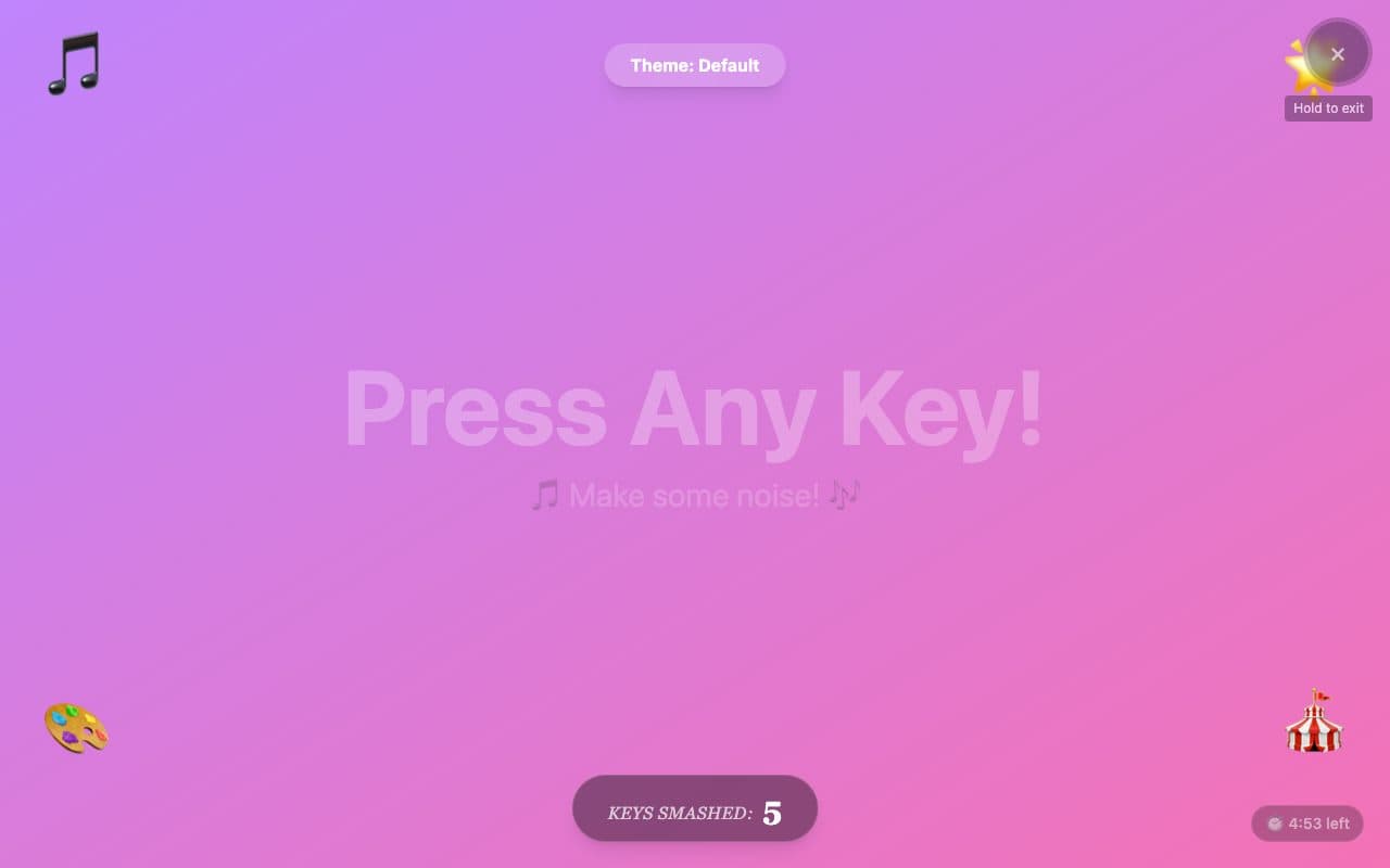 ToddlerSmash purple gradient with "Press Any Key!" and a session timer