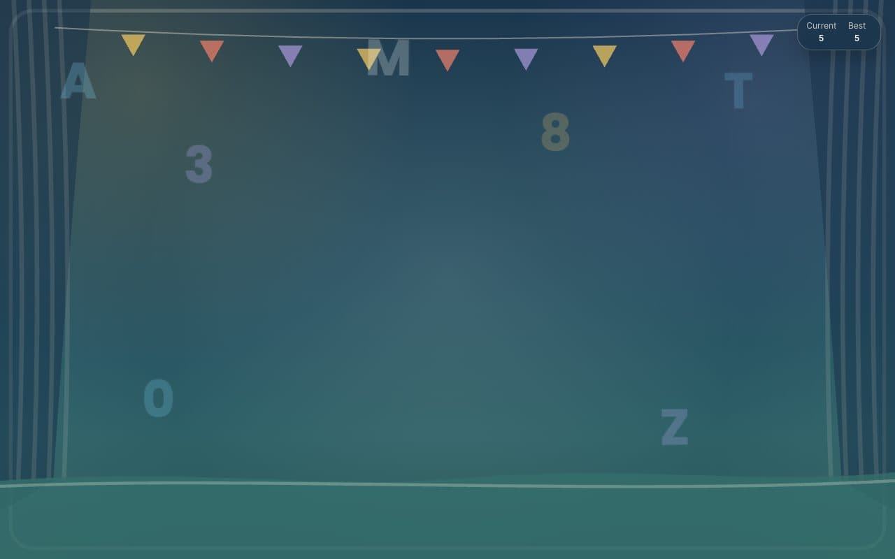 TypeChars stage scene with floating letters and numbers and a score panel