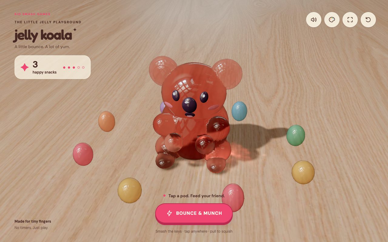 A see-through pink jelly koala on a wooden table, surrounded by colourful jelly pods, with a snack counter and a Bounce & Munch button