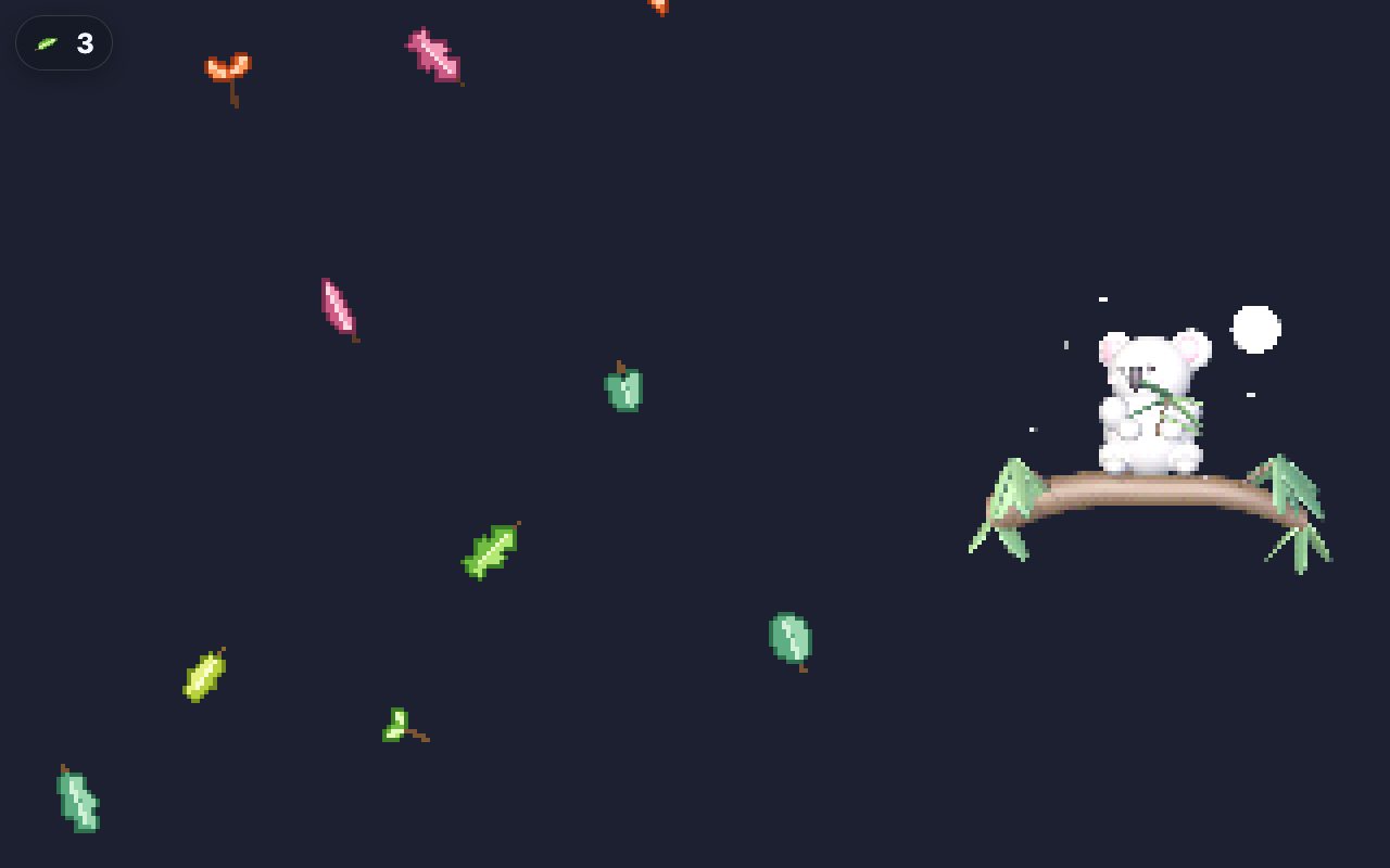 A pixel-art koala on a branch surrounded by floating pixel leaves, with a leaf counter in the corner