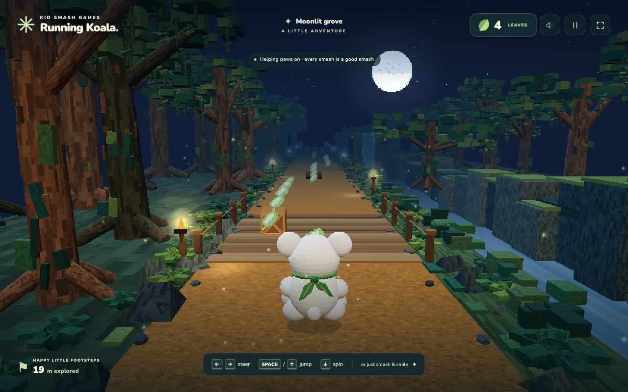 A small koala running down a moonlit forest trail toward glowing leaves and wooden crates