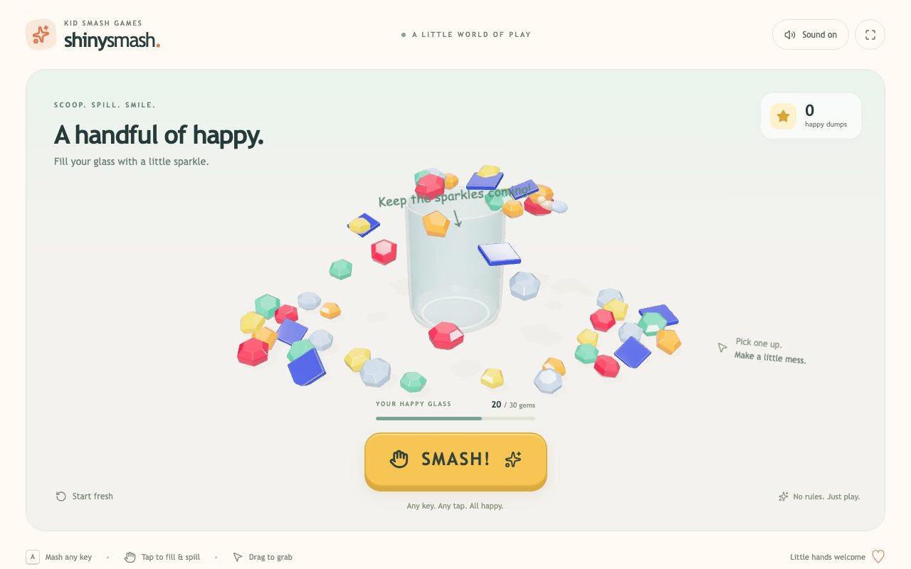 A glass tumbler filling with colourful gems on a tiled floor, a little hand scooping more in, and a big yellow SMASH! button below