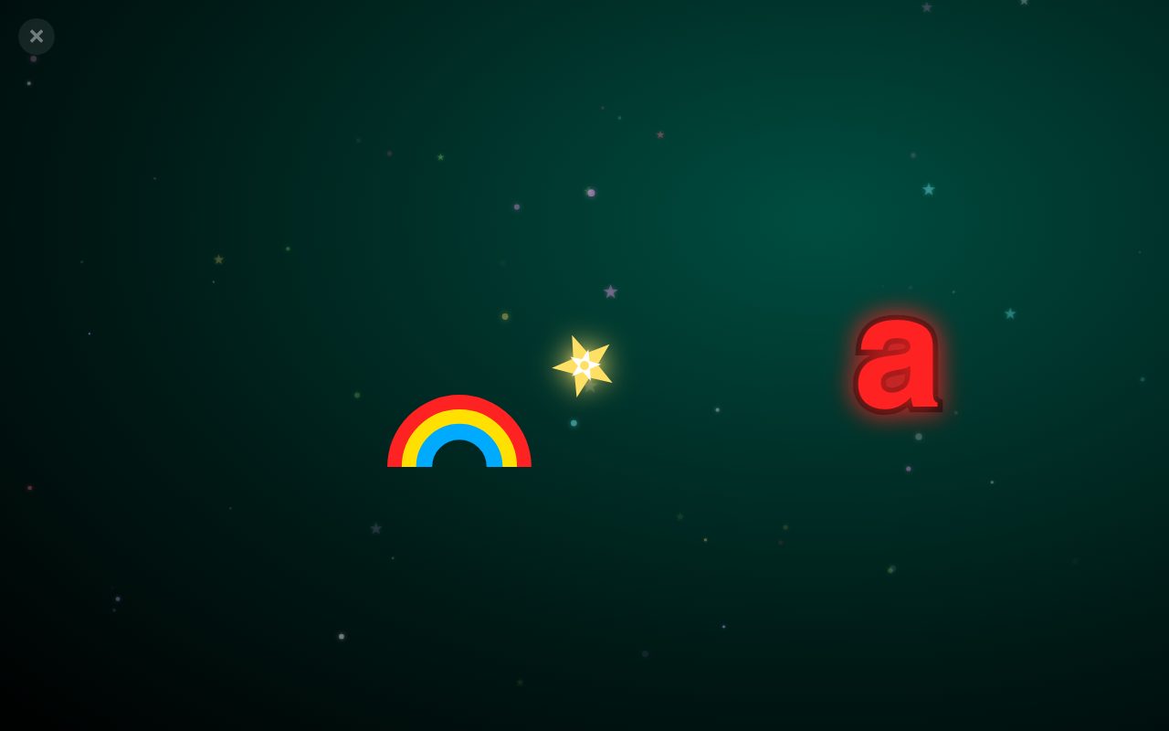 Smashy Kids play screen: a glowing letter a, a rainbow and a star on a dark, starry sky, with the exit × in the corner