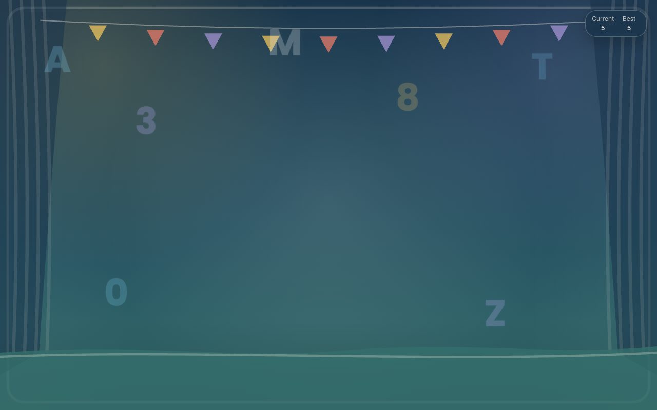 TypeChars stage scene with floating letters and numbers and a score panel